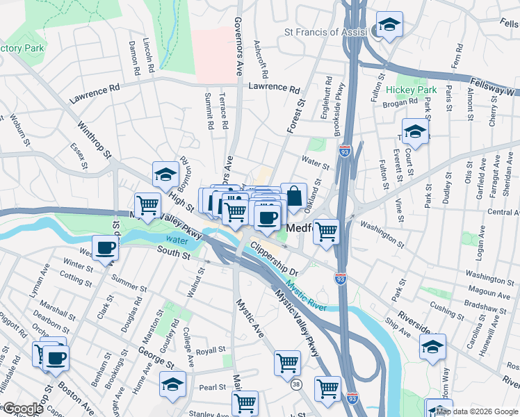 map of restaurants, bars, coffee shops, grocery stores, and more near 24 Forest Street in Medford