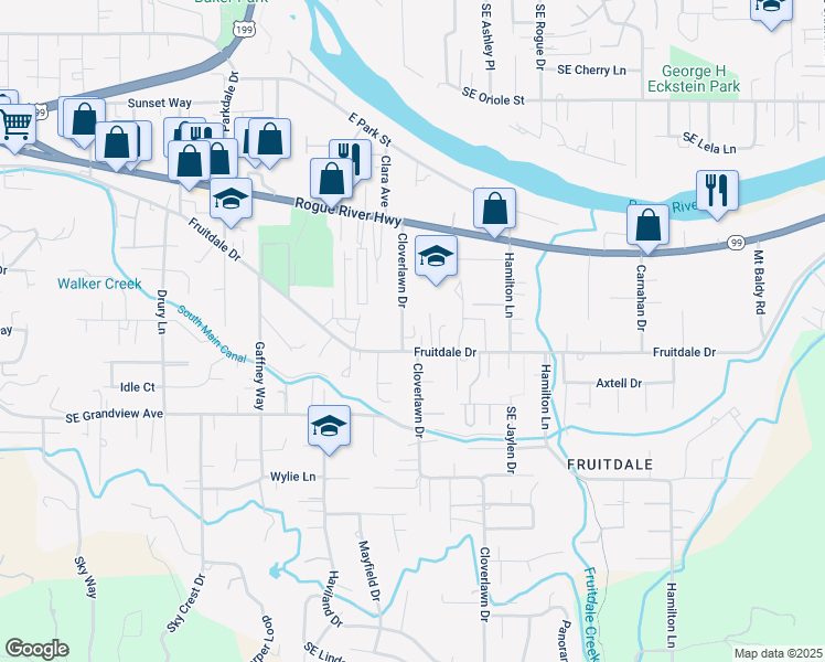 map of restaurants, bars, coffee shops, grocery stores, and more near 1560 Bill Baker Way in Grants Pass