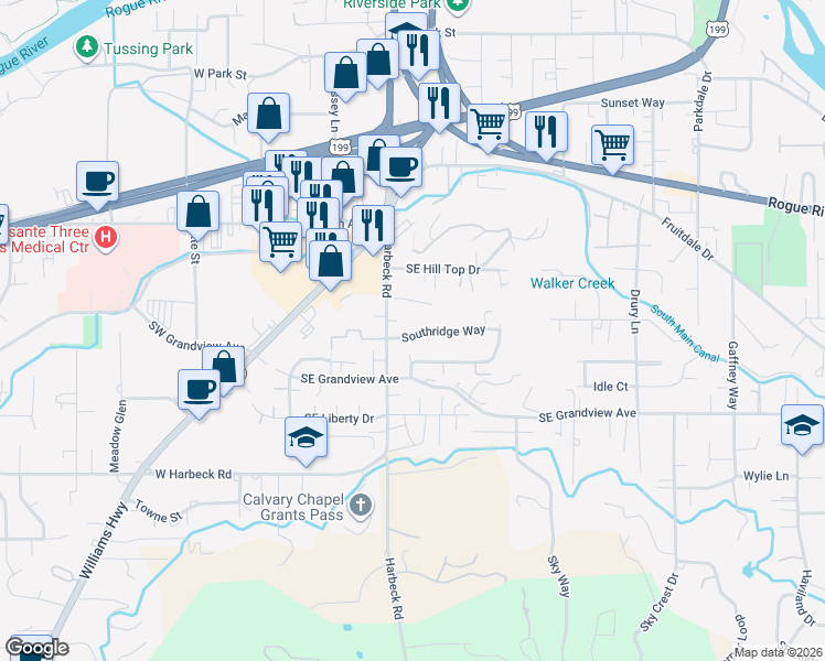 map of restaurants, bars, coffee shops, grocery stores, and more near 133 Aztec Court in Grants Pass