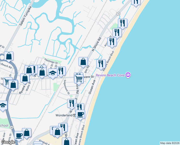 map of restaurants, bars, coffee shops, grocery stores, and more near 3 Clinton Road in Revere