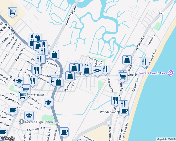 map of restaurants, bars, coffee shops, grocery stores, and more near 57 Thorndike Street in Revere