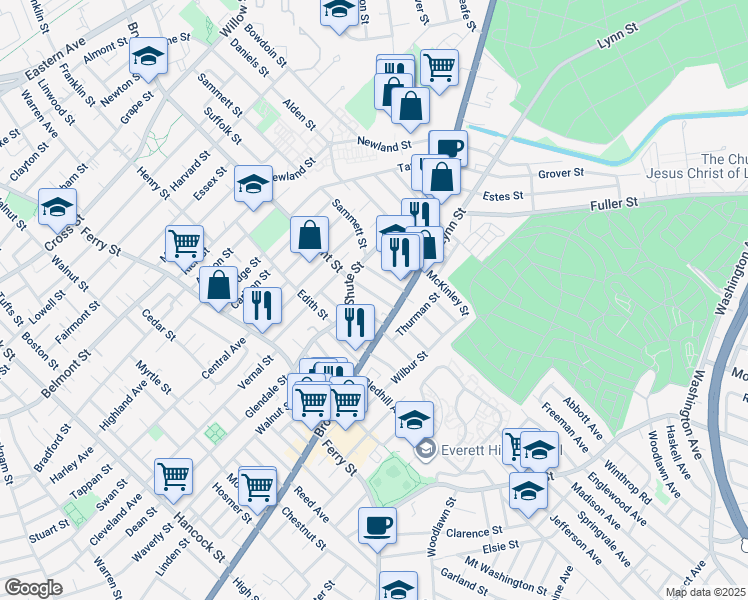 map of restaurants, bars, coffee shops, grocery stores, and more near 36 Lafayette Street in Everett