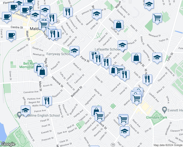 map of restaurants, bars, coffee shops, grocery stores, and more near 99 Fairmont Street in Malden