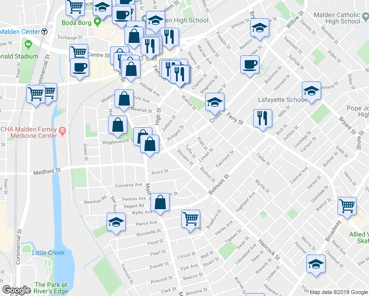 map of restaurants, bars, coffee shops, grocery stores, and more near 56 Ashland Street in Malden