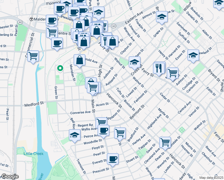 map of restaurants, bars, coffee shops, grocery stores, and more near 56 Ashland Street in Malden