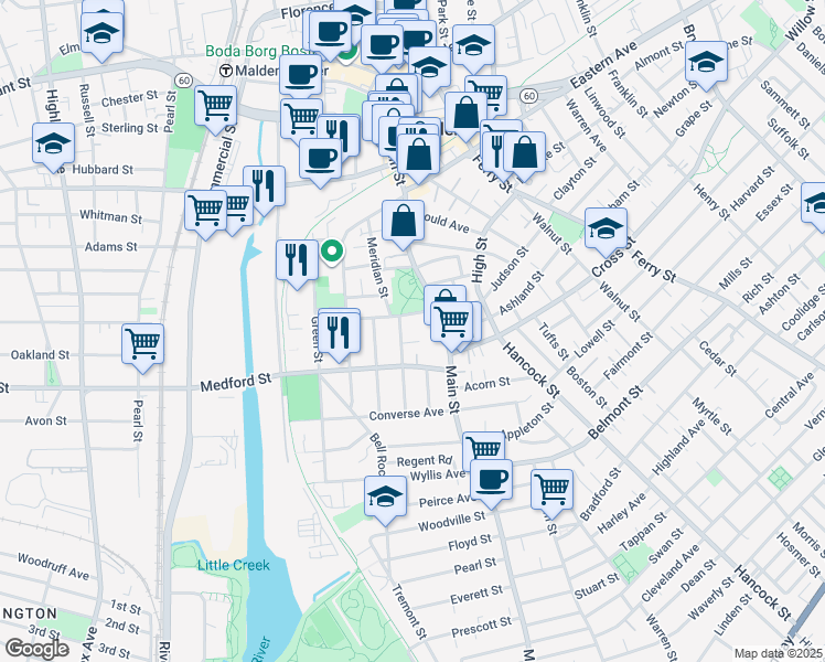 map of restaurants, bars, coffee shops, grocery stores, and more near 18 Wigglesworth Street in Malden