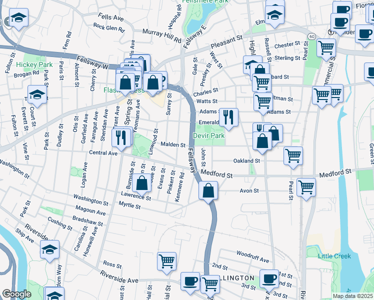 map of restaurants, bars, coffee shops, grocery stores, and more near in Middlesex County