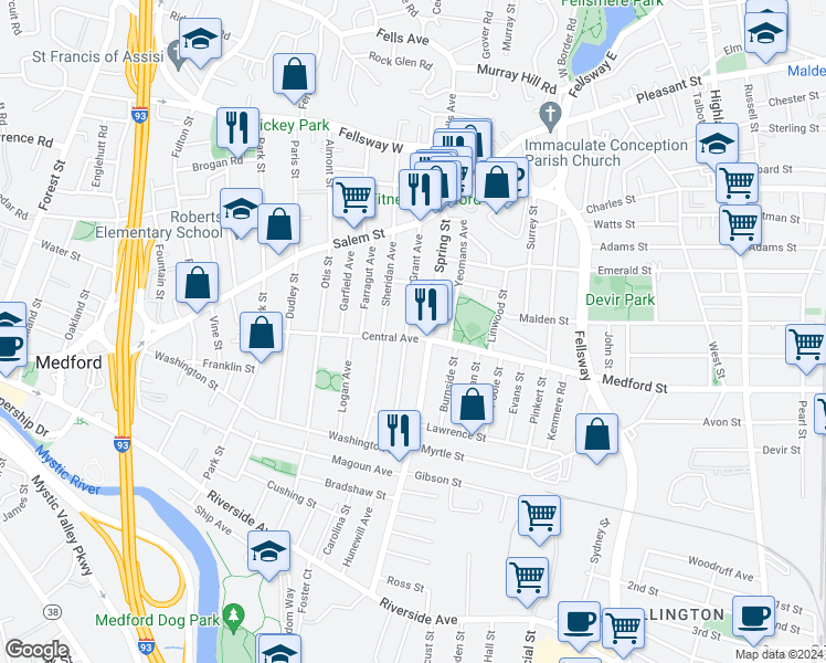 map of restaurants, bars, coffee shops, grocery stores, and more near 95 Grant Avenue in Medford