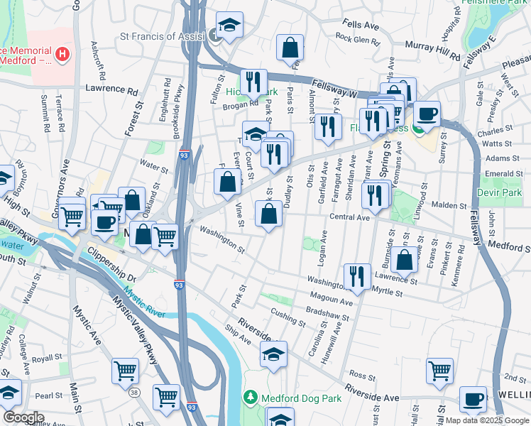 map of restaurants, bars, coffee shops, grocery stores, and more near 167 Park Street in Medford