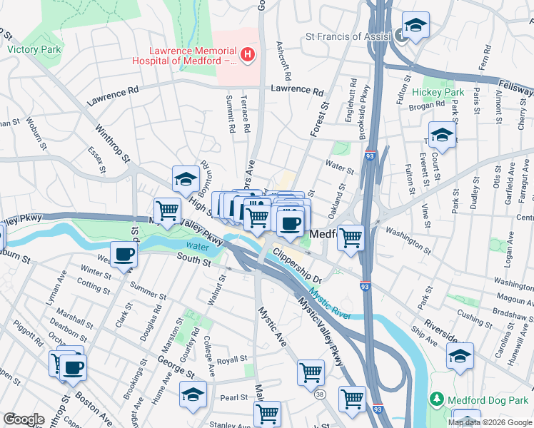 map of restaurants, bars, coffee shops, grocery stores, and more near 15 Governors Avenue in Medford