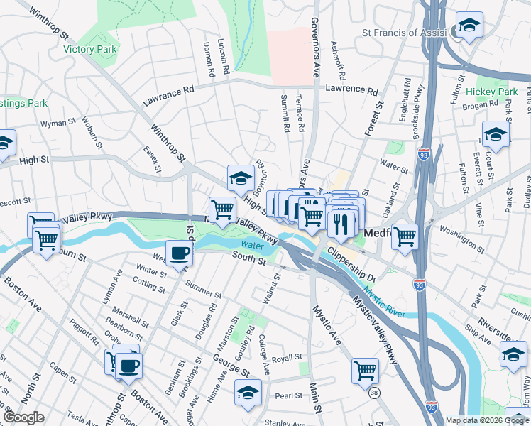 map of restaurants, bars, coffee shops, grocery stores, and more near 15 Boynton Road in Medford