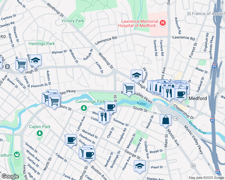 map of restaurants, bars, coffee shops, grocery stores, and more near 262 Winthrop Street in Medford