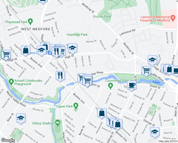 map of restaurants, bars, coffee shops, grocery stores, and more near 54 Prescott Street in Medford