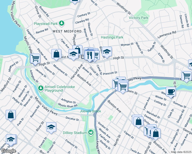 map of restaurants, bars, coffee shops, grocery stores, and more near 30 Circuit Street in Medford