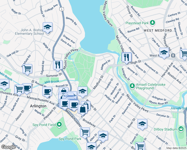 map of restaurants, bars, coffee shops, grocery stores, and more near 51 Webcowet Road in Arlington