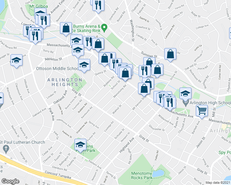 map of restaurants, bars, coffee shops, grocery stores, and more near 30 Robbins Road in Arlington