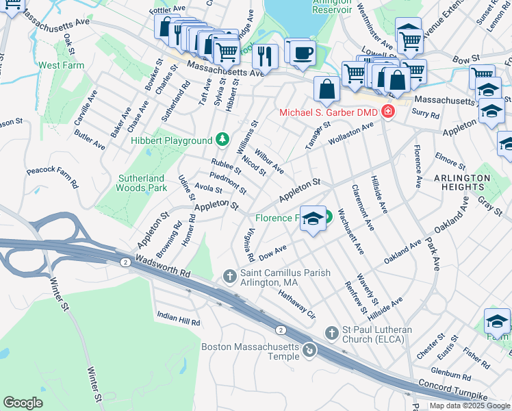map of restaurants, bars, coffee shops, grocery stores, and more near 167 Wollaston Avenue in Arlington
