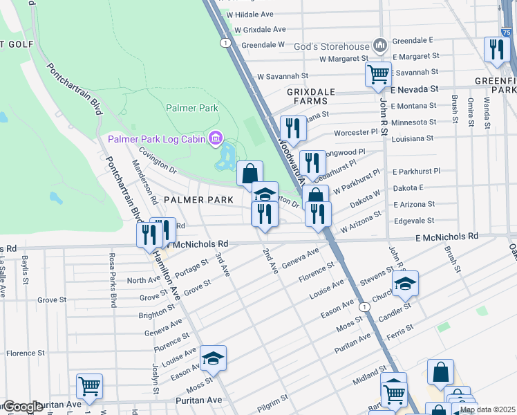 map of restaurants, bars, coffee shops, grocery stores, and more near 17505 2nd Avenue in Detroit