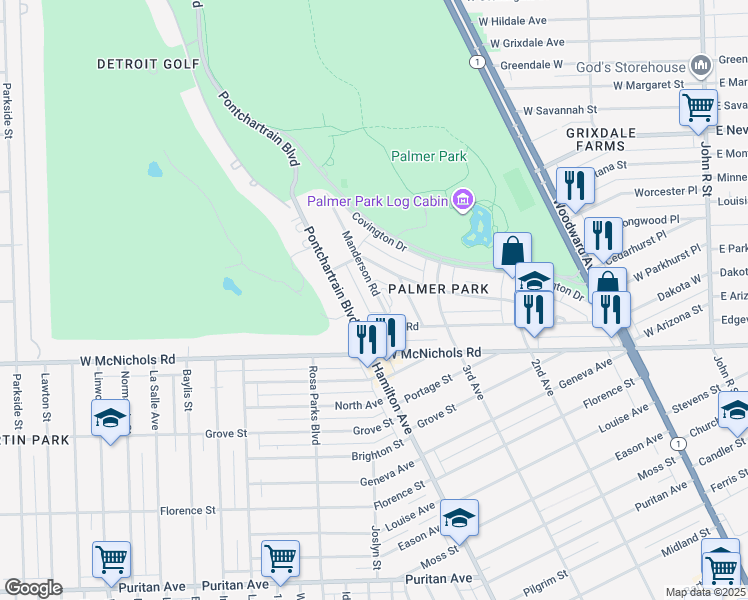 map of restaurants, bars, coffee shops, grocery stores, and more near 17523 Manderson Road in Detroit