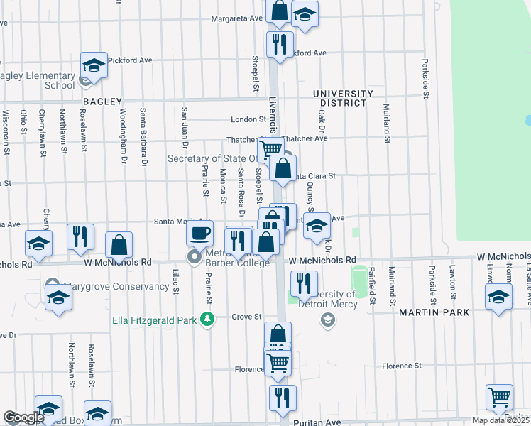 map of restaurants, bars, coffee shops, grocery stores, and more near 17370 Stoepel Street in Detroit