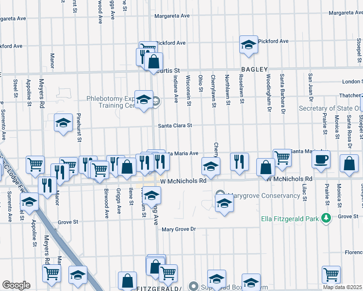 map of restaurants, bars, coffee shops, grocery stores, and more near 17377 Indiana Street in Detroit