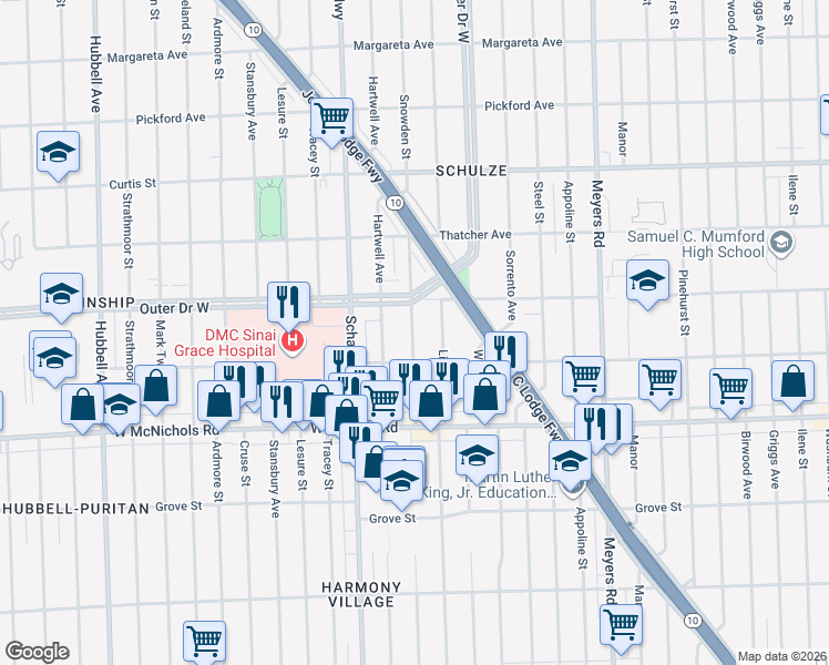 map of restaurants, bars, coffee shops, grocery stores, and more near 5835 Outer Drive West in Detroit
