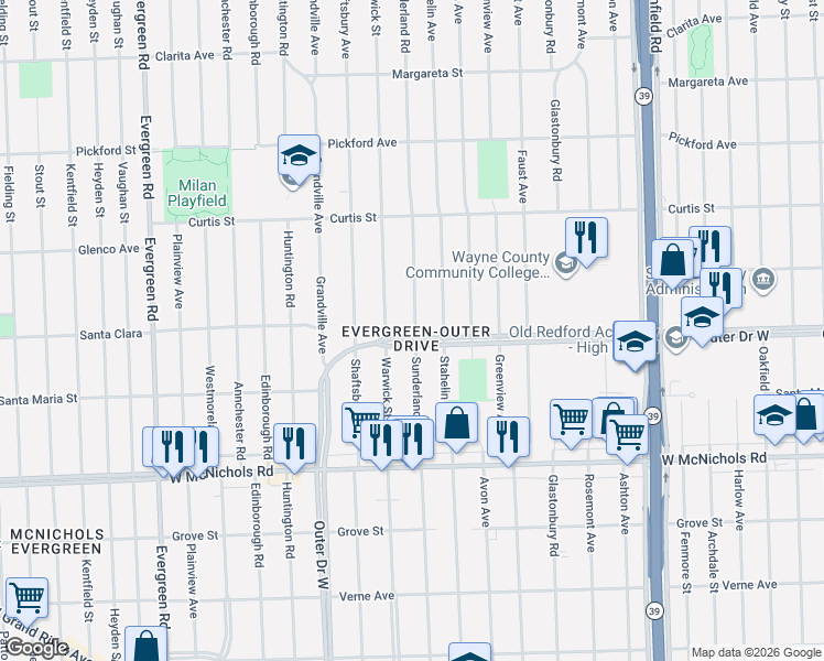 map of restaurants, bars, coffee shops, grocery stores, and more near 17564 Warwick Street in Detroit