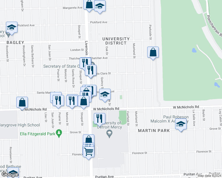 map of restaurants, bars, coffee shops, grocery stores, and more near 17314 Oak Drive in Detroit