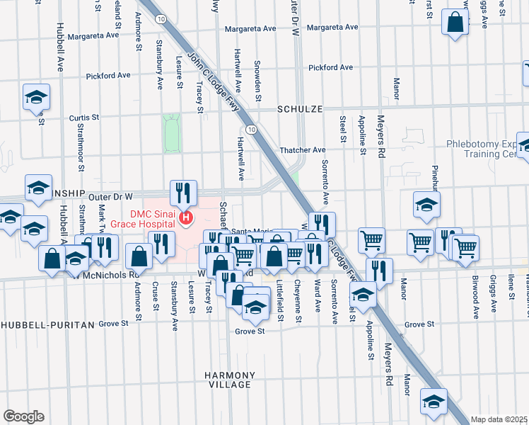 map of restaurants, bars, coffee shops, grocery stores, and more near 5835 Outer Drive West in Detroit