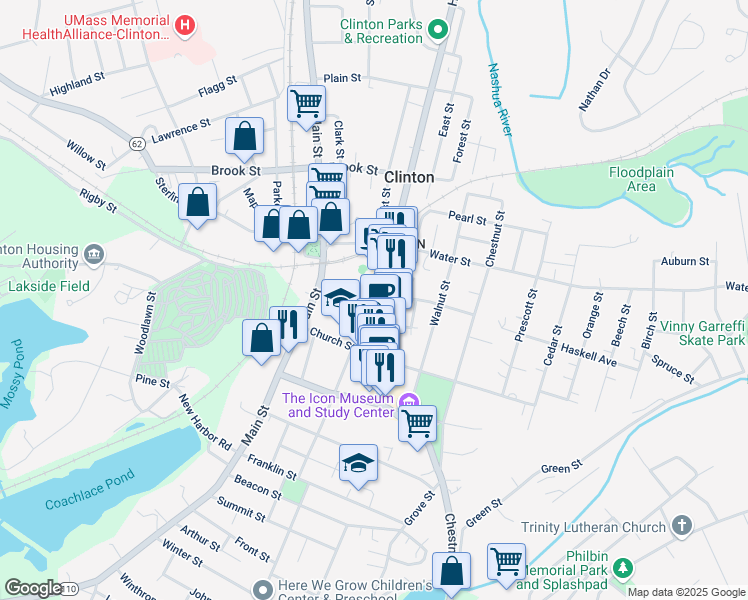 map of restaurants, bars, coffee shops, grocery stores, and more near 36 Pond Court in Clinton