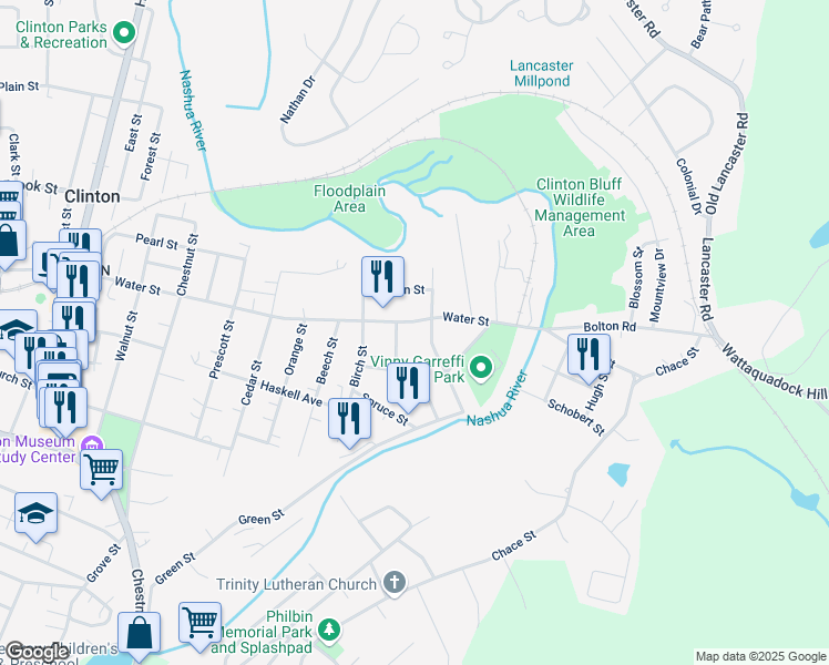 map of restaurants, bars, coffee shops, grocery stores, and more near 411 Water Street in Clinton