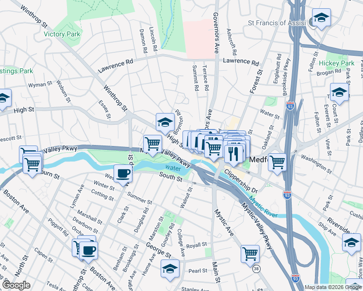 map of restaurants, bars, coffee shops, grocery stores, and more near 15 Boynton Road in Medford