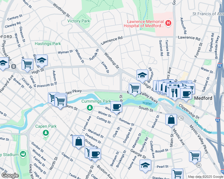map of restaurants, bars, coffee shops, grocery stores, and more near 2408 Mystic Valley Parkway in Medford