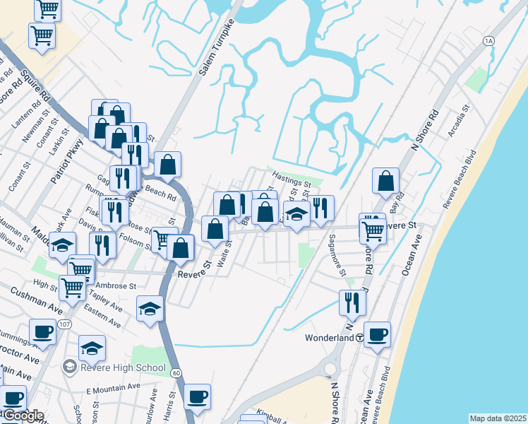 map of restaurants, bars, coffee shops, grocery stores, and more near 31 Elmwood Street in Revere