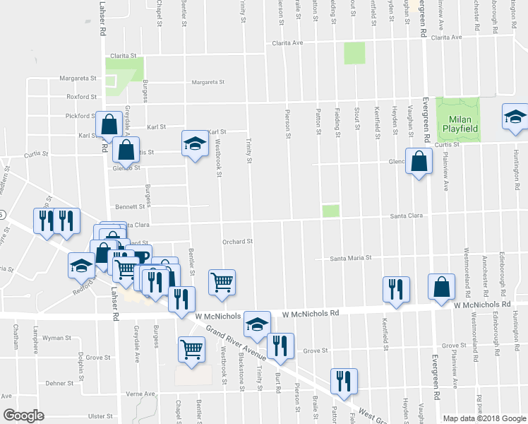 map of restaurants, bars, coffee shops, grocery stores, and more near 20860 Santa Clara Avenue in Detroit