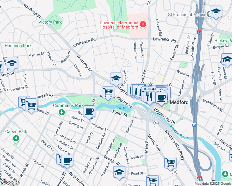 map of restaurants, bars, coffee shops, grocery stores, and more near in Medford