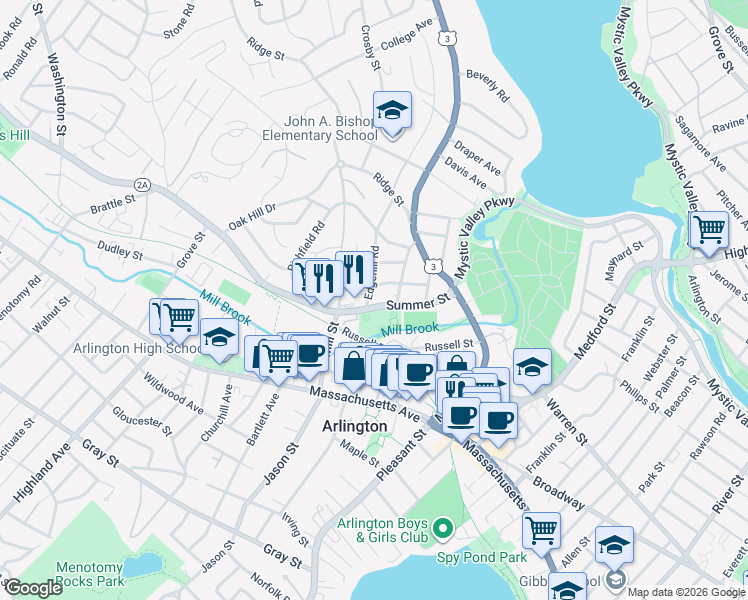map of restaurants, bars, coffee shops, grocery stores, and more near 57 Summer Street in Arlington