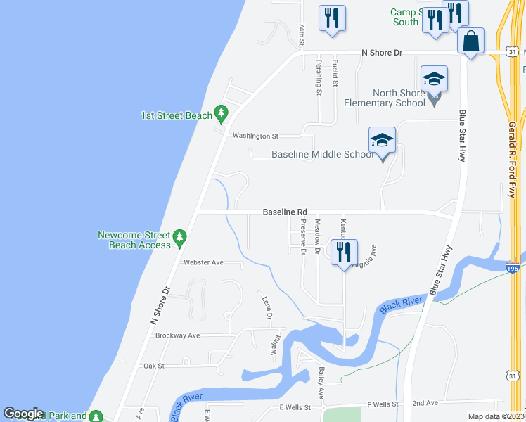 map of restaurants, bars, coffee shops, grocery stores, and more near 7421 Baseline Road in South Haven