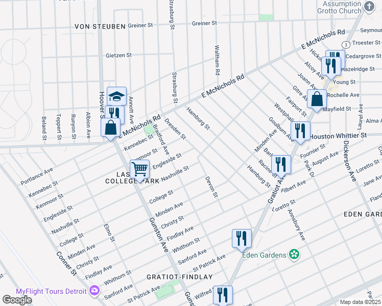 map of restaurants, bars, coffee shops, grocery stores, and more near 12718 Dresden Street in Detroit