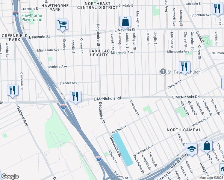 map of restaurants, bars, coffee shops, grocery stores, and more near 17209 Lumpkin Street in Detroit