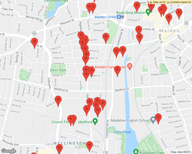map of restaurants, bars, coffee shops, grocery stores, and more near 58 Malden Street in Malden