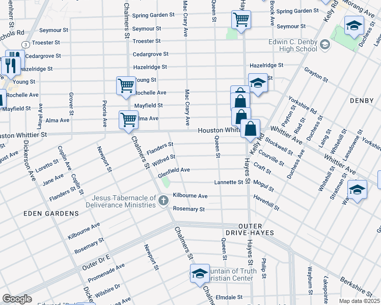 map of restaurants, bars, coffee shops, grocery stores, and more near 14757 Wilfred Street in Detroit