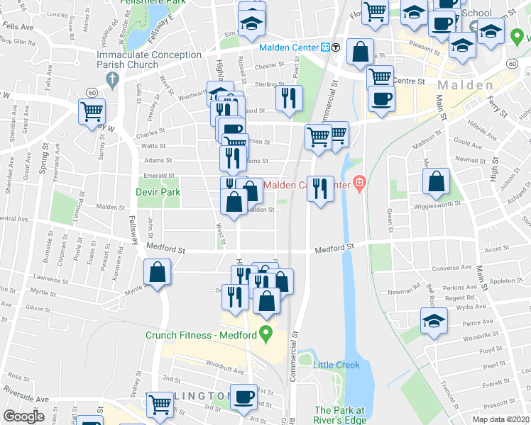 map of restaurants, bars, coffee shops, grocery stores, and more near 52 Malden Street in Malden