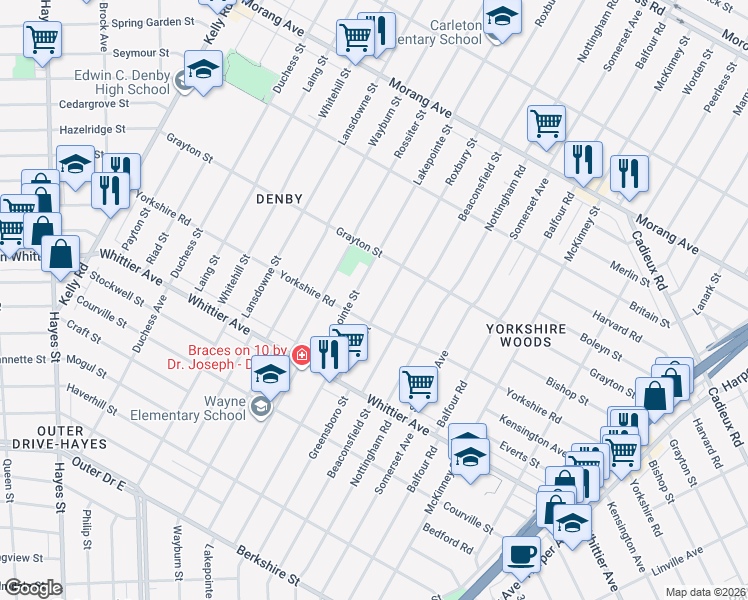 map of restaurants, bars, coffee shops, grocery stores, and more near 11070 Lakepointe Street in Detroit