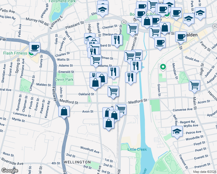 map of restaurants, bars, coffee shops, grocery stores, and more near 52 Malden Street in Malden