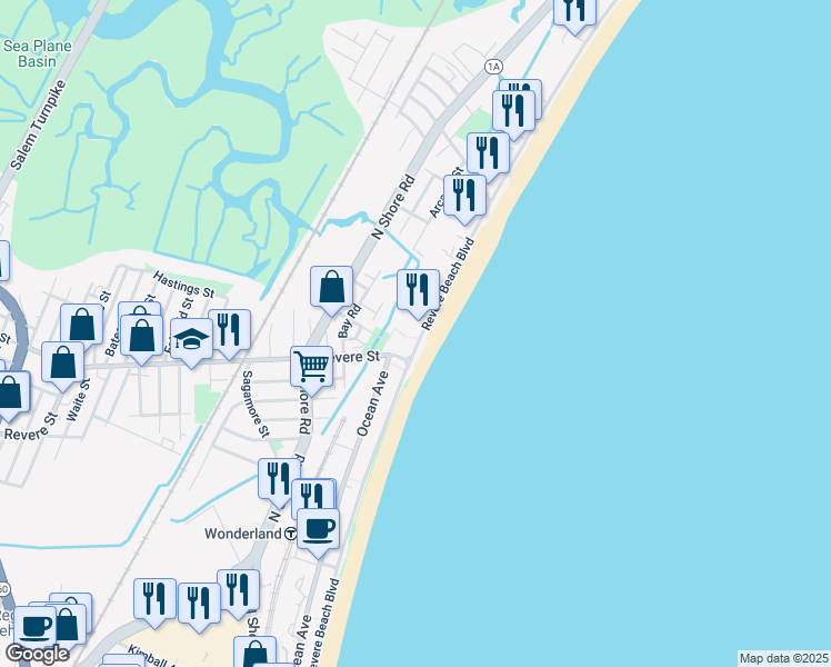 map of restaurants, bars, coffee shops, grocery stores, and more near 320 Revere Beach Boulevard in Revere