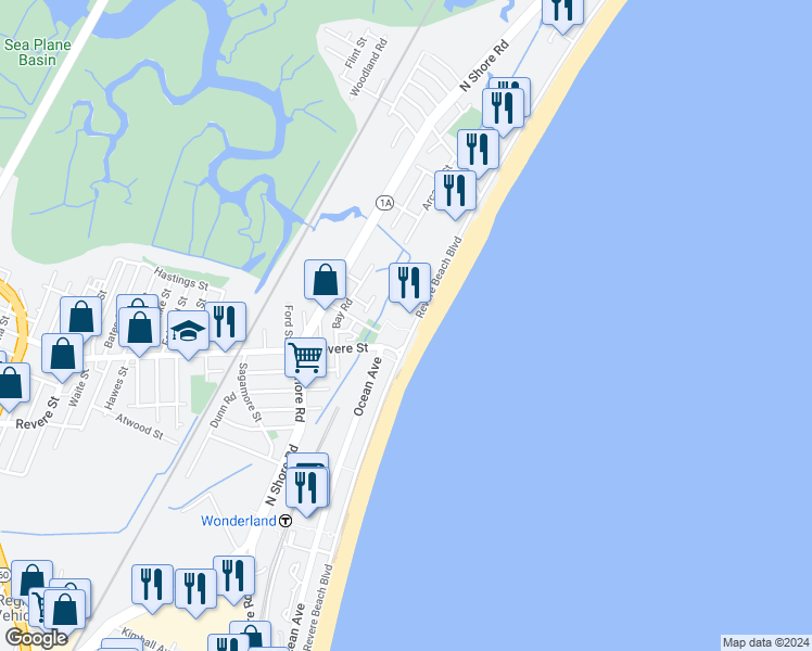 map of restaurants, bars, coffee shops, grocery stores, and more near 360-R Revere Beach Boulevard in Revere
