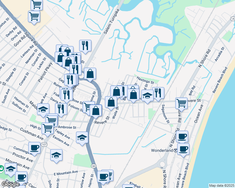 map of restaurants, bars, coffee shops, grocery stores, and more near 55 Union Street in Revere