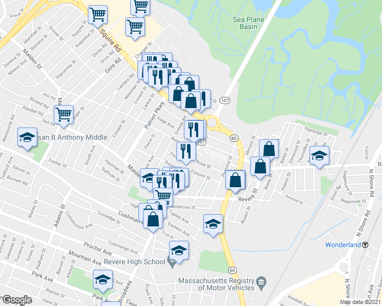 map of restaurants, bars, coffee shops, grocery stores, and more near 32 Rumney Road in Revere