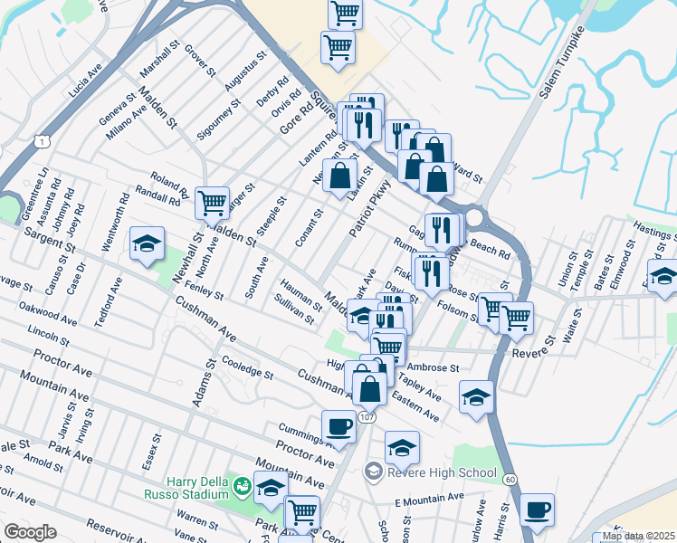 map of restaurants, bars, coffee shops, grocery stores, and more near 38 Patriot Parkway in Revere
